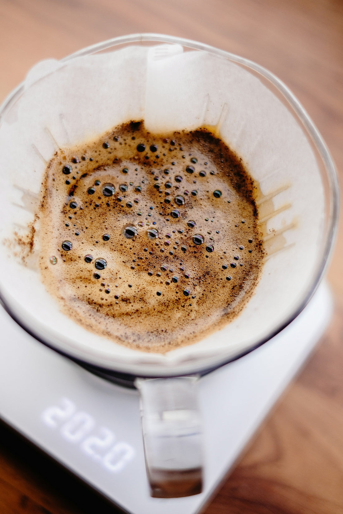 V60 Dripper mit aufgegossenem Filterkaffee steht auf weißer Waage