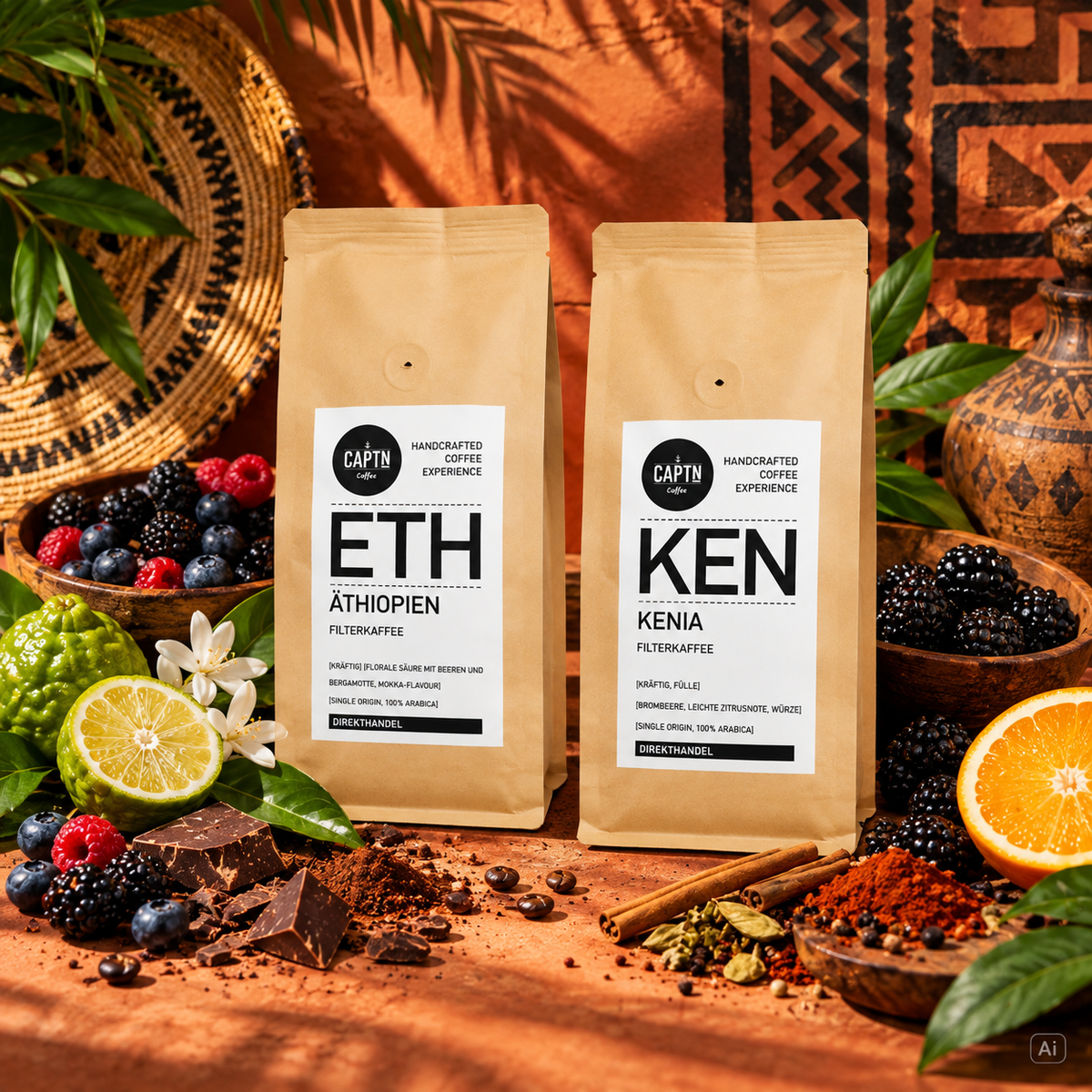 Kaffeebeutel mit Früchten und afrikanische Elementen