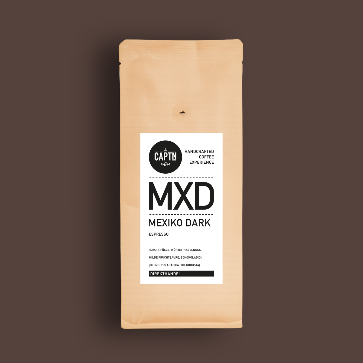 Mexiko Dark Kaffee Beutel auf dunkel braunem HIntergrund