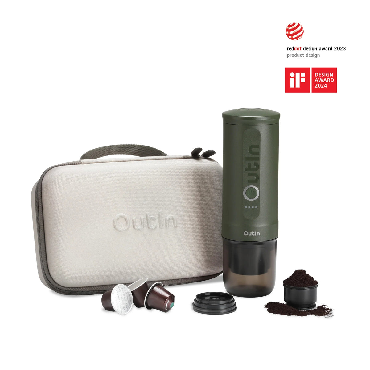 OutIn Nano Espressomaschine Forest Green mit Hard Case beige, Set