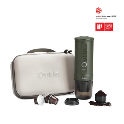 OutIn Nano Espressomaschine Forest Green mit Hard Case beige, Set